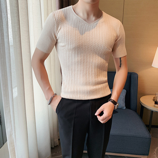 春秋韩版修身男士V领短袖T恤时尚青年紧身弹力打底衫针织体恤