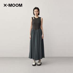 商场同款X--MOOM2024夏季设计感露肩无袖拼接中长连衣裙