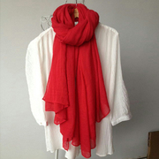 大红色酒红色围巾，女棉麻秋冬季薄款百搭长款披肩，两用亚麻丝巾防晒