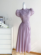 紫色国风改良旗袍连衣裙女夏季长裙，法式高级感气质名媛，女神范裙子(范裙子)