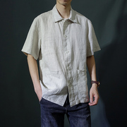 夏季男士纯亚麻方领短袖衬衫大口袋休闲宽松复古薄款透气半袖衬衣