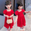 夏季1岁女宝宝洋气雪纺纱公主，裙2女童大红色连衣裙儿童中长款裙子