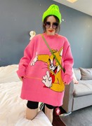 韩国粉色卡通加厚圆领套头毛衣女冬季中长款宽松大码显瘦针织外套