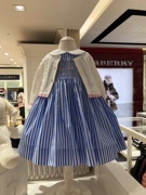 韩国高端童装春夏女宝宝蓝色，条纹背心裙白色，镂空针织开衫