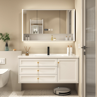 浴室柜组合陶瓷一体盆，实木洗手洗脸盆柜，智能卫生间洗漱台现代简约