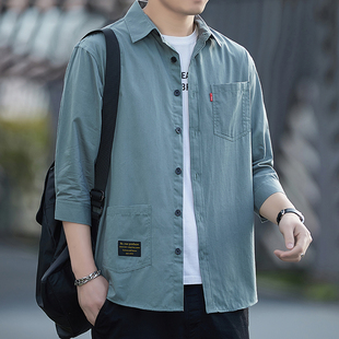皮尔卡丹高档男士纯棉，七分袖长袖百搭衬衫外套，中青年韩版工装衬衣