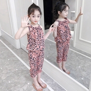 女童夏装套装网红韩版夏季洋气中小童豹纹女孩无袖儿童雪纺两件套