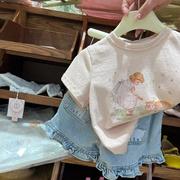 a女童套装夏款24韩版童装儿童，休闲卡通t恤短袖，花边牛仔短裤两件套