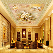 欧式吊顶壁纸酒店会所，大堂天花板奢华墙纸，客厅顶油画人物棚顶壁画