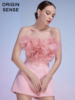 抹胸性感小个子超短性感仙气鸵鸟毛装饰派对粉色小礼服半裙两件套