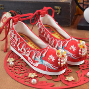 汉服鞋子女古风新娘结婚绣花鞋绿色中式婚鞋红色增高秀禾鞋中国风