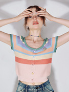 ziziFei夏季上衣美式大圆领多巴胺穿搭彩色条纹针织短袖开衫T恤女