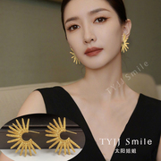 韩国太阳花耳环复古镀24K金磨砂金属风耳饰气质个性轻奢大气独特