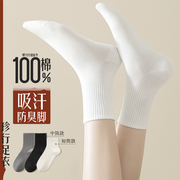纯棉袜子女秋冬季中筒袜白色100%棉吸汗春秋款运动黑白色女长袜