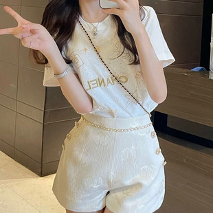 小香风字母刺绣韩版短袖上衣高腰短裤套装女2023夏装时尚洋气时髦