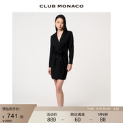 clubmonaco女装黑色，扭结羊毛柔美气质，长袖翻领连衣裙