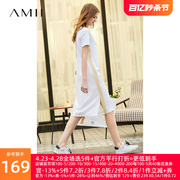 amii2024夏撞色拼接侧开衩弹力，60支罗马布(罗马布)短袖直筒连衣裙