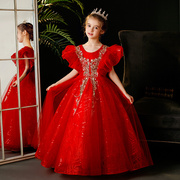 红色儿童礼服公主裙，高端女童钢琴演出服洋气模特，生日长袖秋冬长裙