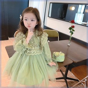 女童连衣裙秋装2023韩版高端蕾丝公主裙洋气，小女孩紫色长袖网纱裙