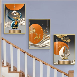 复式楼梯间装饰画走廊过道墙面，挂画现代简约沙发，背景三联壁画轻奢