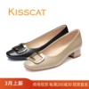 KISSCAT接吻猫2024羊皮粗低跟圆头舒适通勤女单鞋KA43600-10