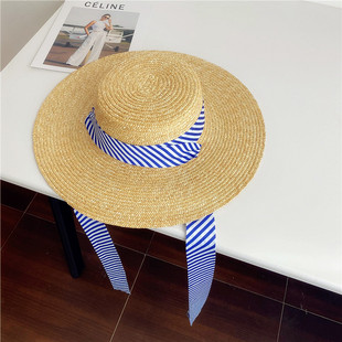 蓝色条纹系带平顶大檐麦秆草帽，女夏天海边度假防晒遮阳帽沙滩帽潮