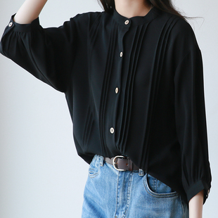2023春夏韩版宽松女式时尚衬衣黑色显瘦雪纺七分袖立领薄衬衫