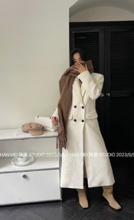 韩国高端米白色加厚羽绒羊毛羊绒大衣加长款西装毛呢内里羽绒外套