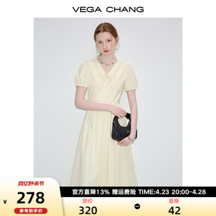 vegachang泡泡袖连衣裙，女2024年夏季收腰显瘦法式花边领长裙