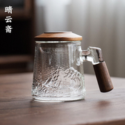 日式木把玻璃办公杯带过滤花，茶杯加厚耐高温玻璃水杯茶水分离泡茶
