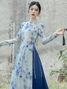 初秋印花改良版长袖旗袍连衣裙蓝色半身裙两件新中式国风两件