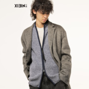 XIEIN写映 设计师男装 西装领花灰色双面尼长毛澳洲羊毛大衣