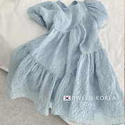 女童连衣裙2024夏季韩版花朵，宽松泡泡袖拼接儿童网红大童裙子