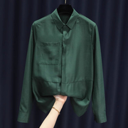 大牌欧洲站墨绿色天丝衬衫，女2023早秋长袖，气质上衣洋气衬衣