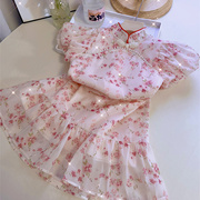 女童复古甜美粉色雪纺旗袍裙，2024夏季宝宝国潮珍珠短袖公主裙