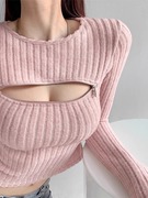 性感心机镂空拉链露胸粉色针织，打底衫女冬季内搭毛衣，上衣春秋外穿