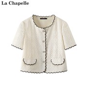 拉夏贝尔lachapelle夏季圆领，小香风蕾丝短外套，法式开衫上衣