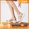 哈森运动凉鞋女夏季魔术贴白色坡跟增高休闲沙滩凉鞋HM232505