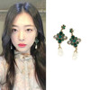 jealousy韩国崔雪莉(崔，雪莉)同款奢华绿水晶珍珠耳环925银针