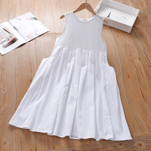 女童无袖连衣裙夏季中大童棉质侧边口袋DIY可扎染白色背心裙