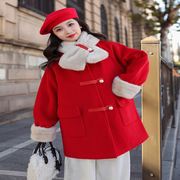 女童毛呢子(毛呢子)大衣，儿童大童红色外套秋冬季款2023加厚夹棉拜年服