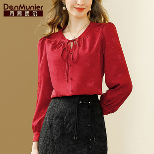丹慕妮尔通勤时尚提花红色上衣女高级感2024春季气质百搭衬衫