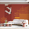 中式线描古建筑山川电视背景墙壁纸客厅卧室墙布书房茶室定制壁画