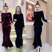 网红金丝绒时尚套装女2022冬季韩版显瘦长袖圆领上衣+鱼尾裙