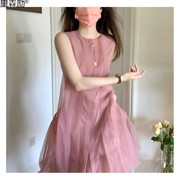 夏季超仙气质仙女裙，法式茶歇美网纱，粉色无袖连衣裙吊带蓬蓬裙励