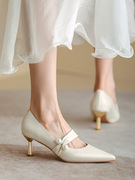 仙女风白色法式高跟鞋女2024年春季小众婚鞋真皮时尚珍珠单鞋
