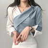 韩国chic秋季减龄复古气质拼接撞色小众，设计感打底衫露肩上衣女