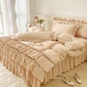 韩版床上四件套床裙款全棉纯棉复古花边式被罩床单公主风素色床罩