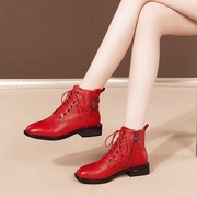 红色短靴女真皮2023秋冬季女鞋，平底系带单靴子(单靴子，)加绒短筒马丁靴