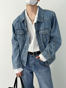 sf春韩风时髦男生，蓝色牛仔衣外套，复古水洗短款垫肩夹克上衣